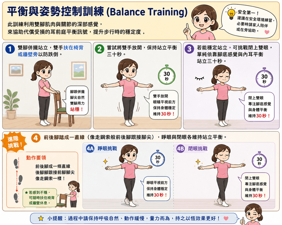 平衡與姿勢控制訓練(Balance Training)示意圖:雙腳併攏站立,逐步進階至閉眼單腳站立