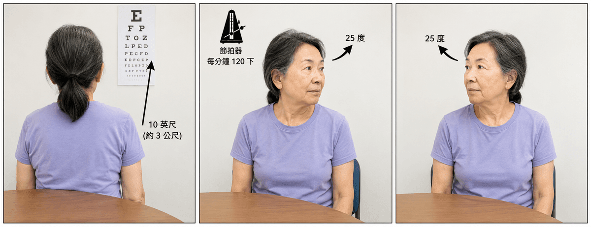 視動協調訓練(Gaze Stabilization)示意圖:雙眼鎖定目標,頭部左右緩慢擺動